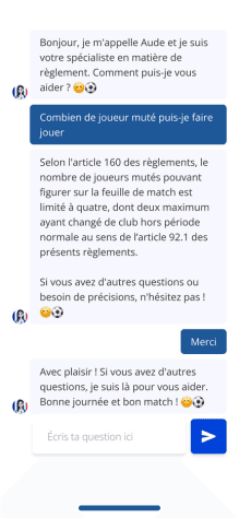 Capture réelle du chatbot Aude développé pour la FFF